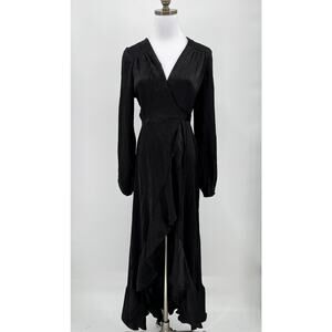 Flounce London Mila Black Wrap Front Satin Long Sleeve Midi Dress Sz US 6 NEW